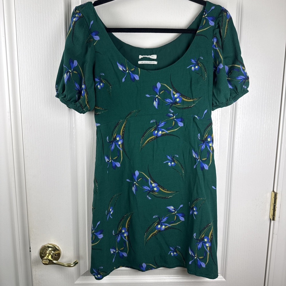 Urban Outfitters Iris Floral Puff Sleeve Mini Dress Green Blue Sz M Boho